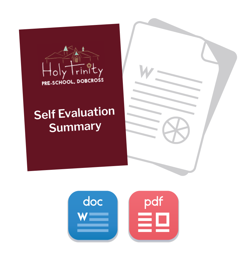 Illustration of a Self Evaluation Summary draft document with Word and PDF format icons below.